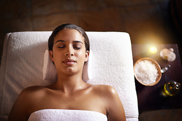 Image showing Top view, spa and massage with woman, relax or wellness with luxury or treatment with detox. Person, client or girl with health or weekend break with grooming or vacation with beauty or stress relief