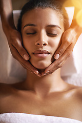 Image showing Woman, spa and facial for massage on face with hands and care for lens flare, wellness and beauty treatment. Above, towel and african female person with skincare and relax at hotel with skin glow