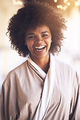 Image showing Spa, woman and portrait with laugh in a bathrobe for wellness, cosmetics and beauty treatment. Health, skincare and resort with an African female person ready for dermatology at a hotel with a smile