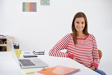 Image showing Palette, laptop and portrait of business woman with color for planning, ideas and interior design. Creative startup, professional office and person on computer for project, pattern and swatches