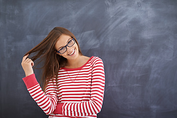 Image showing Woman, teacher and confident in portrait by blackboard, education and proud of school curriculum. Female person, idea and professional in classroom, knowledge and planning for lesson in university