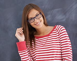 Image showing Woman, teacher and smile in portrait by blackboard, education and proud of school curriculum. Happy female person, idea and professional in classroom, knowledge and planning for lesson in university