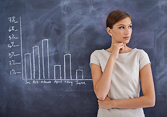 Image showing Thinking, business and graphs with woman, blackboard and employee with investment and charts for profit. Person, accountant or investor with trading and income with stock market or finance with ideas