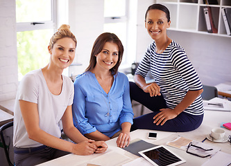 Image showing Teamwork, tablet and portrait of business women for collaboration, online project and planning. Creative agency, startup company and workers with digital tech for research, feedback and meeting