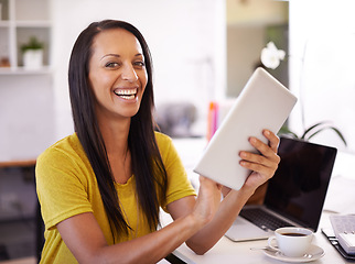 Image showing Office, business and portrait of happy woman on tablet for website, networking and internet for startup career. Creative agency, laptop and person with digital tech for planning, research and online