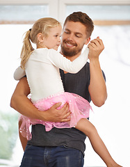 Image showing Man, girl child and dancing with happiness at home, father and daughter time with love and trust. Single dad, family and bonding with rhythm and moving, playful and fun for support and relationship