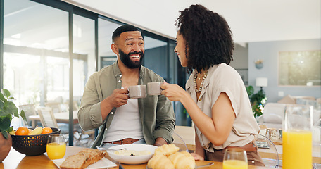 Image showing Coffee, love and happy couple in a kitchen for breakfast, bonding or romantic anniversary celebration. Food, love and people on hotel holiday for Valentines day brunch, meal or diet and nutrition