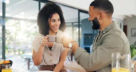 Image showing Coffee, toast and happy couple in a house for morning celebration, breakfast or routine together. Love, cheers and people in a kitchen with caffeine motivation, inspiration and fun bonding at home