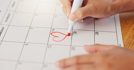 Image showing Calendar, hands and save of date for valentines day, commitment and visual reminder for love event. Person, drawing and heart shape to schedule engagement in planner, note and goals for romantic day