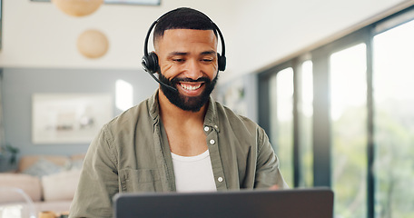 Image showing Man, headset and talking in home on video call, live streaming and presentation in online conference. Remote work, laptop or virtual assistant for contact centre or customer support at kitchen table