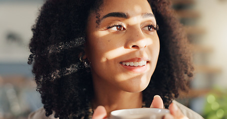 Image showing Smile, calm and woman with coffee by window in apartment for relaxing weekend morning routine. Happy, peace and young female person drinking cappuccino, tea or latte in cup with aroma at modern home.