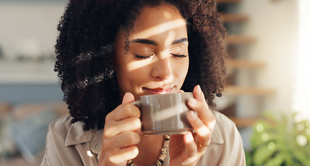 Image showing Smile, calm and woman with coffee by window in apartment for relaxing weekend morning routine. Happy, peace and young female person drinking cappuccino, tea or latte in cup with aroma at modern home.