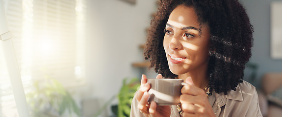 Image showing Thinking, calm and woman with coffee by window in apartment for relaxing weekend morning routine. Smile, peace and young female person drinking cappuccino, tea or latte in cup at modern home.