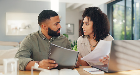 Image showing Couple, laptop and paperwork or stress conversation for online agreement, mortgage or expenses. Man, woman and document or confused with finances for internet bills for house, explain or guidelines