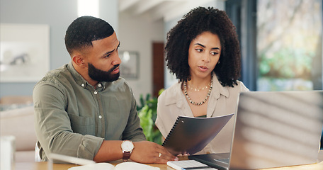 Image showing Couple, laptop and paperwork or home insurance or conversation for online agreement, mortgage or expenses. Man, woman and document for payment finances on internet for house, network or guidelines