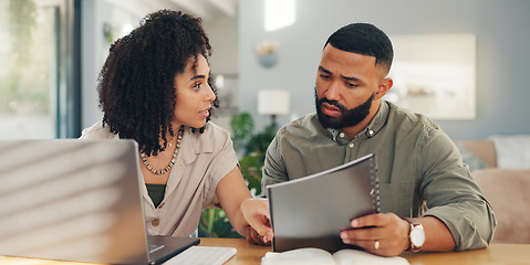 Image showing Couple, laptop and paperwork or stress conversation for online agreement, mortgage or expenses. Man, woman and document or confused with finances for internet bills for house, explain or guidelines