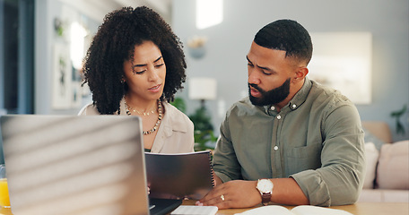 Image showing Couple, laptop and paperwork or home insurance or conversation for online agreement, mortgage or expenses. Man, woman and document for payment finances on internet for house, network or guidelines