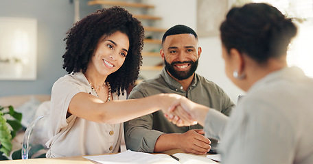 Image showing Handshake, meeting and couple with real estate agent for buying new home, house or property. Happy, deal and young man and woman shaking hands for apartment or building purchase with realtor.