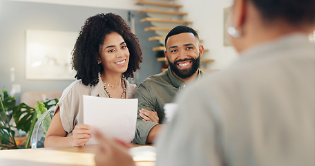 Image showing Money, documents and couple in home with financial advisor for advice on portfolio investment or savings. Paper, finance or broker with man and woman in apartment for contract or insurance consulting