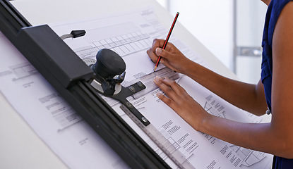 Image showing Person, architect and hands with drawing board, ruler or pencil for floor plan or building at office. Closeup of contractor, engineer or designer writing on blueprint with measuring tool for lines