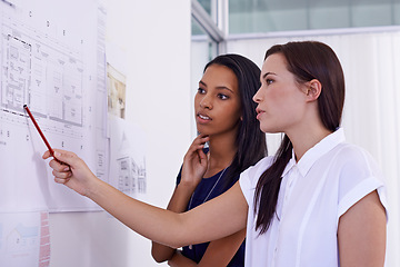 Image showing Architecture, women and teamwork with blueprint in office for building design, remodeling project and layout plan. Business people, collaboration or architect with development planning or engineering