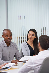 Image showing Business people, meeting and conversation with feedback, planning and cooperation for a project launch. PR agency, manager and leader with review and employees with ideas and teamwork with startup