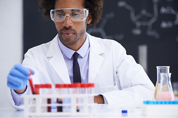 Image showing Man, scientist and test tube for blood in laboratory, container and biochemistry for pathology. Black person, biology and DNA research for healthcare, RNA and process for medical innovation study