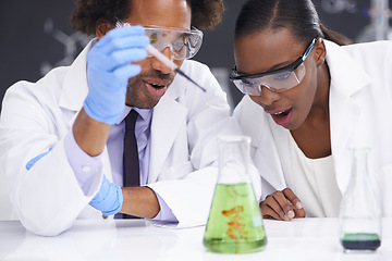 Image showing Test tube, science and scientist people in lab for clinical research, study or chemical reaction experiment. Medical, vial and healthcare expert team with medicine, examination or pharma assessment