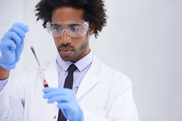 Image showing Science, test and man with blood in pipette, glasses and medical research for dna results with lab technician. Pathology, laboratory and scientist with sample for analysis, investigation or diagnosis