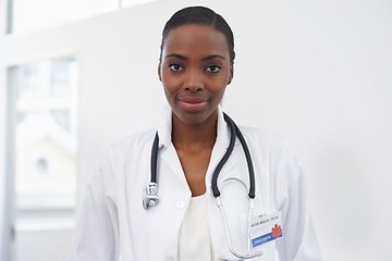 Image showing Portrait, healthcare and female doctor with stethoscope, smile and radiology in hospital. Medical, wellness or lab coat for professional physician from Nigeria, neurology or woman surgeon in medicine