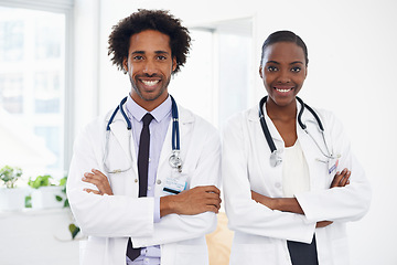 Image showing Black people, portrait and doctors with arms crossed for health, confidence in medicine and team at hospital. Cardiovascular surgeon, healthcare and medical professional collaboration with pride