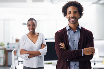 Image showing Portrait, business people or arms crossed in office for confidence or collaboration on pc project for company. Man, woman and face for happy in career and IT professional in workplace for technology