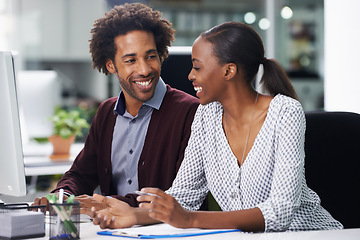 Image showing Collaboration, meeting and business black people in office together for planning or strategy. Contract, documents or teamwork with young woman and woman employee in workplace for agenda or review