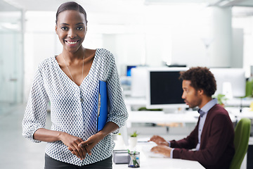 Image showing Portrait, administration and documents with business black woman in office for filing or reporting. Human resources, smile and clipboard with confident young employee in workplace for recruitment