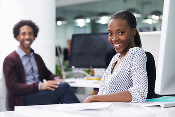 Image showing African woman, man and portrait in office with smile, pride and confident at startup company. Black people, employees and happy in workplace with teamwork for collaboration at creative media agency