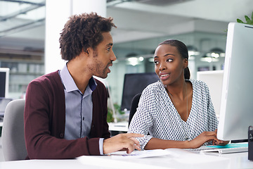 Image showing Collaboration, computer and business black people in office together for planning or strategy. Desktop, meeting or teamwork with young woman and woman employee in workplace for agenda or review