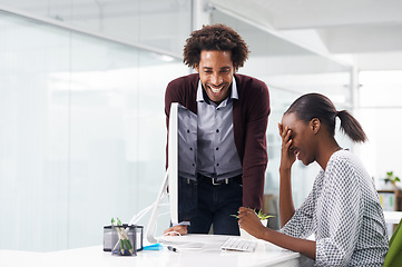 Image showing African man, woman and laughing in office for funny conversation, memory and joke at startup company. Black people, employees and friends with comic story, gossip and happy at creative media agency