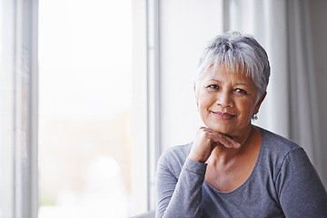 Image showing Portrait, sunshine and window with senior woman, confidence and home with retirement and relaxing. View, old person and pensioner with summer and weekend break with afternoon, aged and happiness