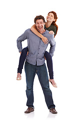 Image showing Piggy back, love and smile with couple, portrait and happiness isolated on a white studio background. People, man carrying woman and romance with marriage and bonding together with date and trust