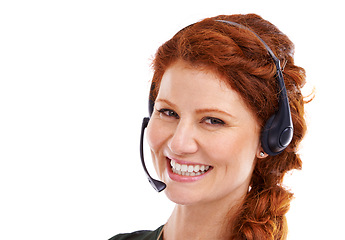 Image showing Woman, headset and receptionist portrait in studio, customer service and crm by white background. Female person, consultant and helpdesk advisor or representative, mockup space and technical support