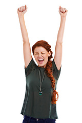 Image showing Excited woman, fist pump and celebration in studio for winning, promotion and bonus. Happy, female person and screaming for profit prize, discount and competition on deal or sale on white background