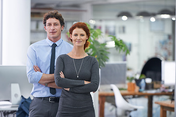 Image showing Business people, portrait and confidence for collaboration in office, partnership and support. Colleagues, teamwork and pride for cooperation in workplace, lawyers together and employees of firm