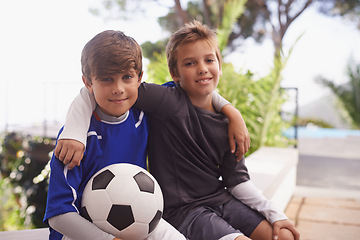 Image showing Children, portrait and friends with soccer ball for sport practice or training competition, exercise or fitness. Male people, face and football game for cardio playing in America, workout or athlete