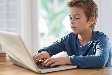 Image showing Home, boy and kid with laptop to search for online learning or education for child development and study. Internet, homework and research with information or notes for school assignment or project