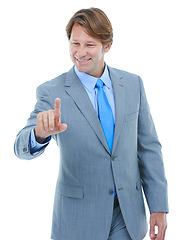 Image showing Happy businessman, pointing and touch with interface or interaction on a white studio background. Mature man or male person with finger on selection, choice or decision and invisible mockup space