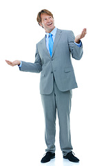 Image showing Happy, businessman and choice with hands up in studio for confused and shrug for options in corporate career. Professional, consultant or lawyer with decision or positive solution on white background