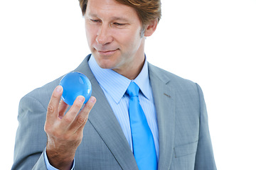 Image showing Businessman, hand and ball with vision or globe for career sight or job opportunity on a white studio background. Happy man or employee with smile holding round object or blue orb on mockup space