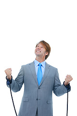 Image showing Businessman, studio and frustrated with rope on hands for bondage or hostage with struggle or stress. Male person, tied up for corporate and prisoner for job or work, isolated and white background