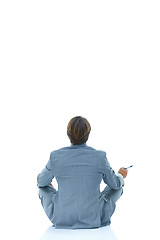 Image showing Businessman, back and relax with marker in studio for planning, brainstorming or thinking on a white background. Rear view of man, employee or model with pen for idea or solution on mockup space