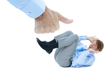 Image showing Thumb, business and man scared of boss, employee and staff with depression from fear of employer. Studio, white background and professional male person with stress in workplace by push from CEO